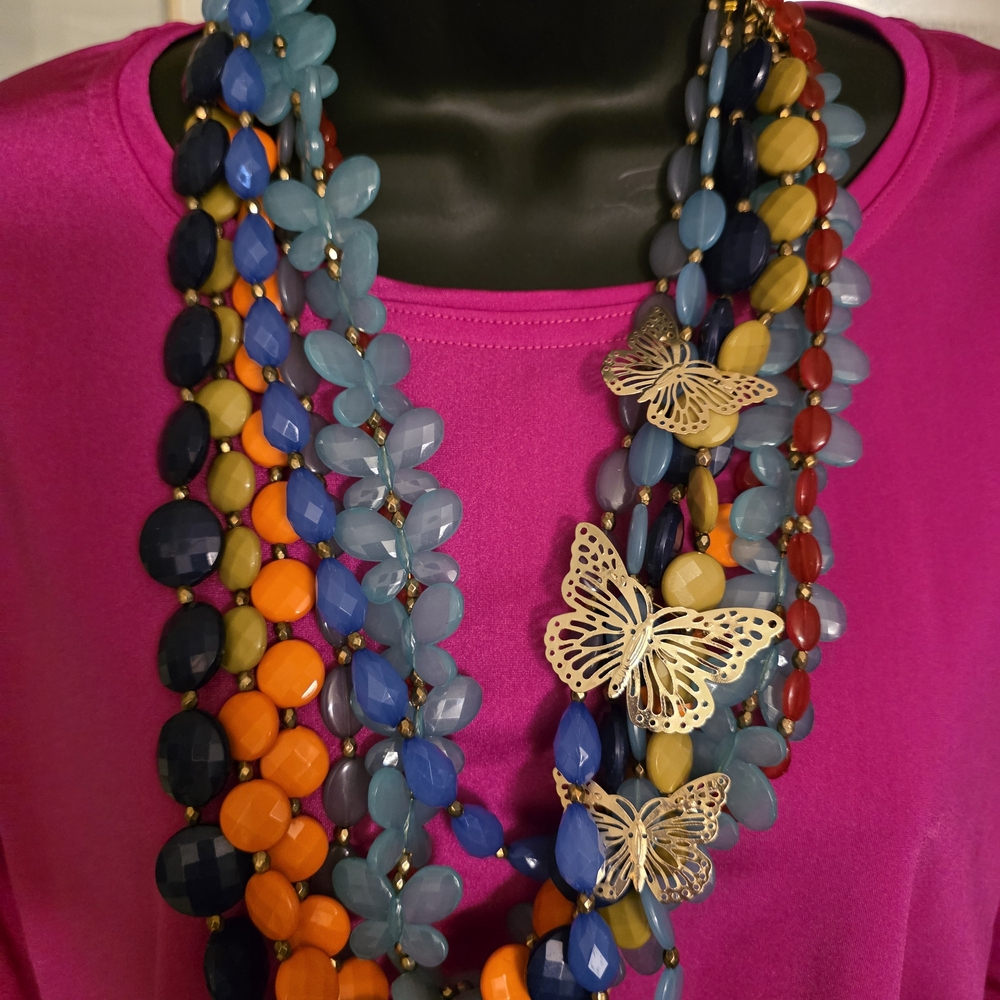 Sassy Jones Vibrant Multicolor Multi-strand Necklace with Gold Butterfly Charms